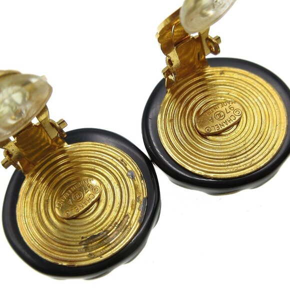 Chanel Button Earrings Black Gold Clip-On 97A - Picture 3 of 5